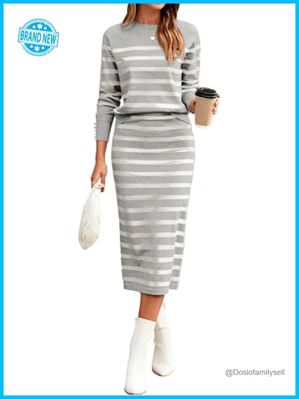 2 Piece Knit Skirt Set Striped Sweater Lounge Travel Outfit